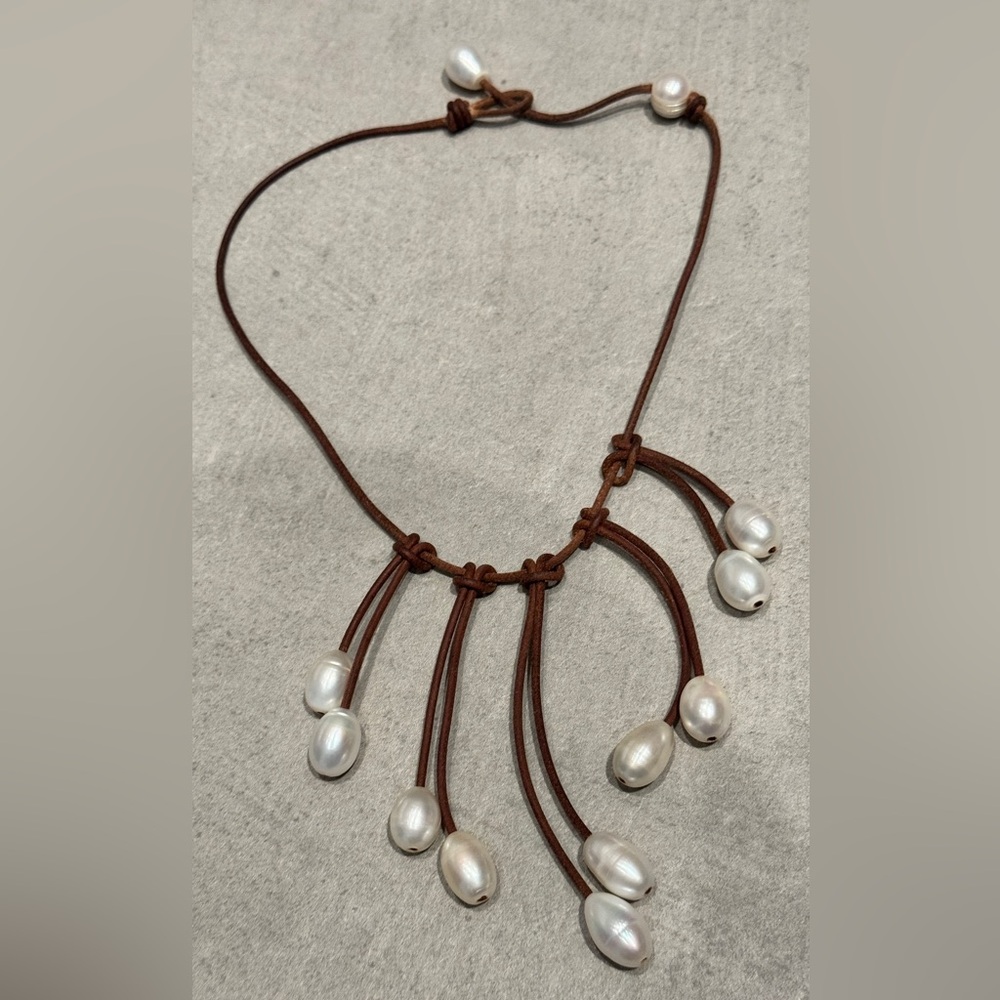 Creamy White Pearl Necklace, on Brown Leather, large pearls, high quality